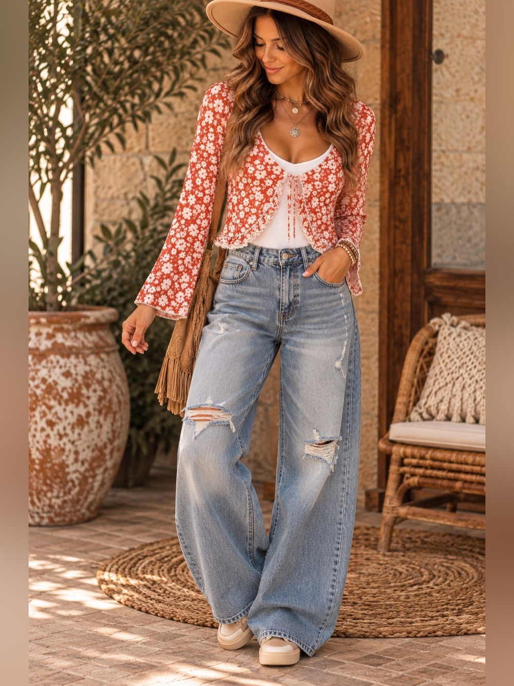 Forever 21 Coral and White Floral Ruffle-Front Cardigan Top